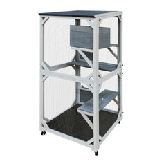 Wooden Catio Outdoor Cat Enclosure, 71 Inch Luxury Cat House on Wheels with Napping House, 4 Platforms & Weatherproof Asphalt Roof, Large Kitty Cat Condo Cage Shelter Playpen with Sliding Doors