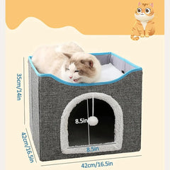 Large Cat Bed with Fluffy Ball Hanging and Scratch Pad Double Layered Foldable Cat Beds for Indoor Cats Sleeping All Seasons 42x42x35.5cm / Grey,42x42x35.5cm / Blue,42x42x35.5cm / Green