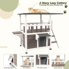 Outdoor Cat House Weatherproof - Two Story Wooden Cat Shelter Outside Feral Cat House with Climbing Ladder, Rain Curt GreyWhite / United States