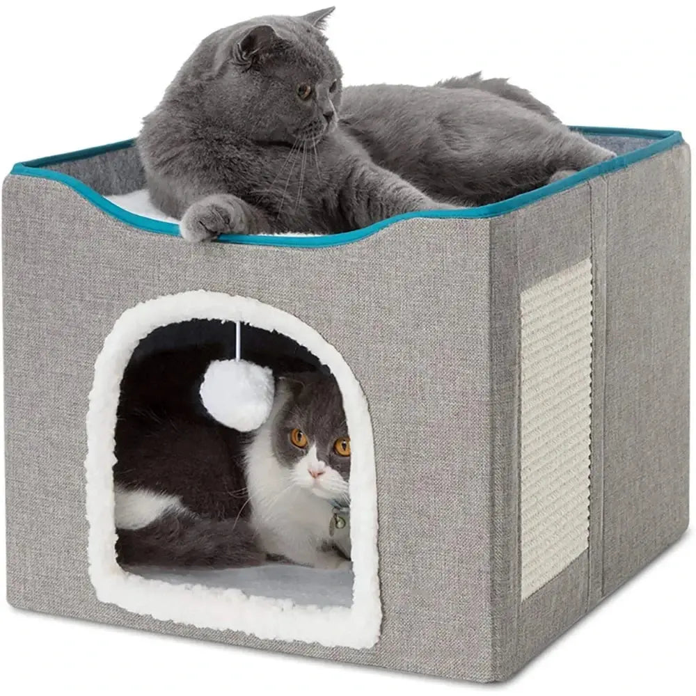 Large Cat Bed with Fluffy Ball Hanging and Scratch Pad Double Layered Foldable Cat Beds for Indoor Cats Sleeping All Seasons 42x42x35.5cm / Grey,42x42x35.5cm / Blue,42x42x35.5cm / Green