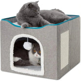 Large Cat Bed with Fluffy Ball Hanging and Scratch Pad Double Layered Foldable Cat Beds for Indoor Cats Sleeping All Seasons 42x42x35.5cm / Grey,42x42x35.5cm / Blue,42x42x35.5cm / Green