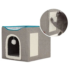 Large Cat Bed with Fluffy Ball Hanging and Scratch Pad Double Layered Foldable Cat Beds for Indoor Cats Sleeping All Seasons 42x42x35.5cm / Grey,42x42x35.5cm / Blue,42x42x35.5cm / Green