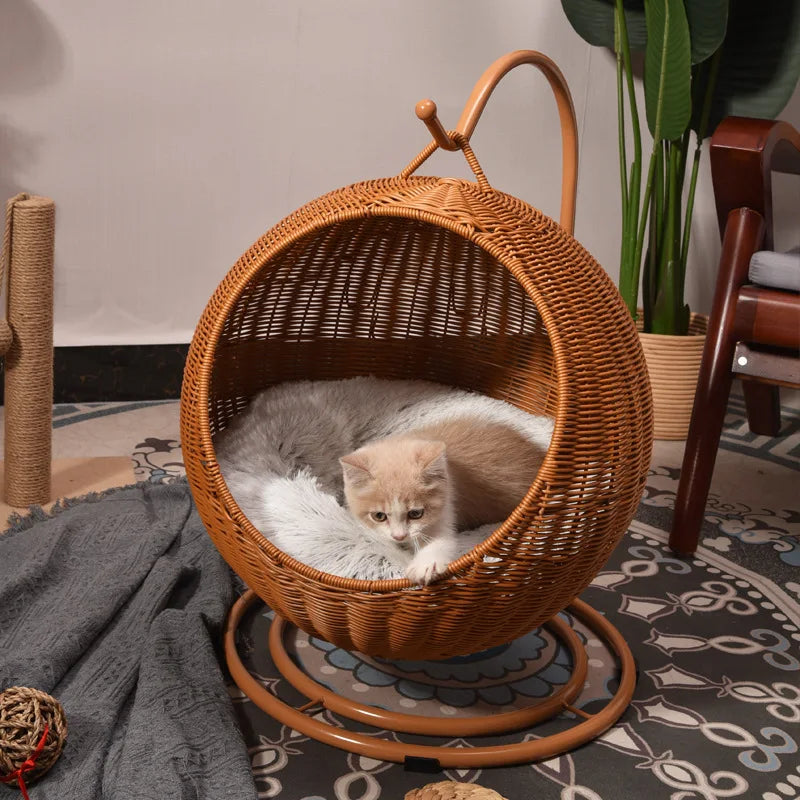 Hand-Woven Imitation Rattan Cat Bed, Comfy Cat Nest Basket, Hanging Basket Swinging Pet House, Cat Sleep Hammock with Plush Mat Brown 2 mat