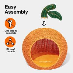 Rattan Cat and Dog Bed, Sustainable Cats Condo Cave Small Dog House, Comfy Kitten Bed Cute Pet Bed with Washable Nest Cushion 1 Bed