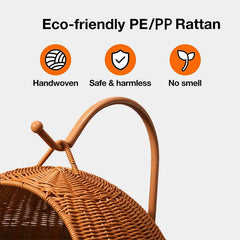 Hand-Woven Imitation Rattan Cat Bed, Comfy Cat Nest Basket, Hanging Basket Swinging Pet House, Cat Sleep Hammock with Plush Mat Brown 2 mat
