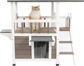 Outdoor Cat House Weatherproof - Two Story Wooden Cat Shelter Outside Feral Cat House with Climbing Ladder, Rain Curt GreyWhite / United States