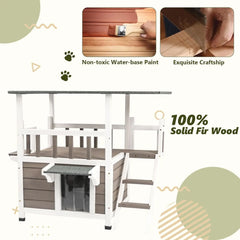Outdoor Cat House Weatherproof - Two Story Wooden Cat Shelter Outside Feral Cat House with Climbing Ladder, Rain Curt GreyWhite / United States