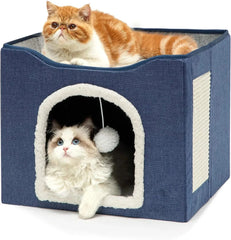 Large Cat Bed with Fluffy Ball Hanging and Scratch Pad Double Layered Foldable Cat Beds for Indoor Cats Sleeping All Seasons 42x42x35.5cm / Grey,42x42x35.5cm / Blue,42x42x35.5cm / Green
