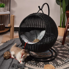 Hand-Woven Imitation Rattan Cat Bed, Comfy Cat Nest Basket, Hanging Basket Swinging Pet House, Cat Sleep Hammock with Plush Mat Brown 2 mat