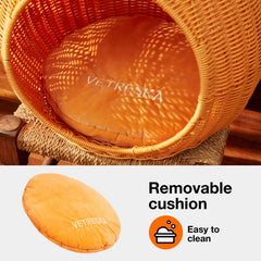 Rattan Cat and Dog Bed, Sustainable Cats Condo Cave Small Dog House, Comfy Kitten Bed Cute Pet Bed with Washable Nest Cushion 1 Bed