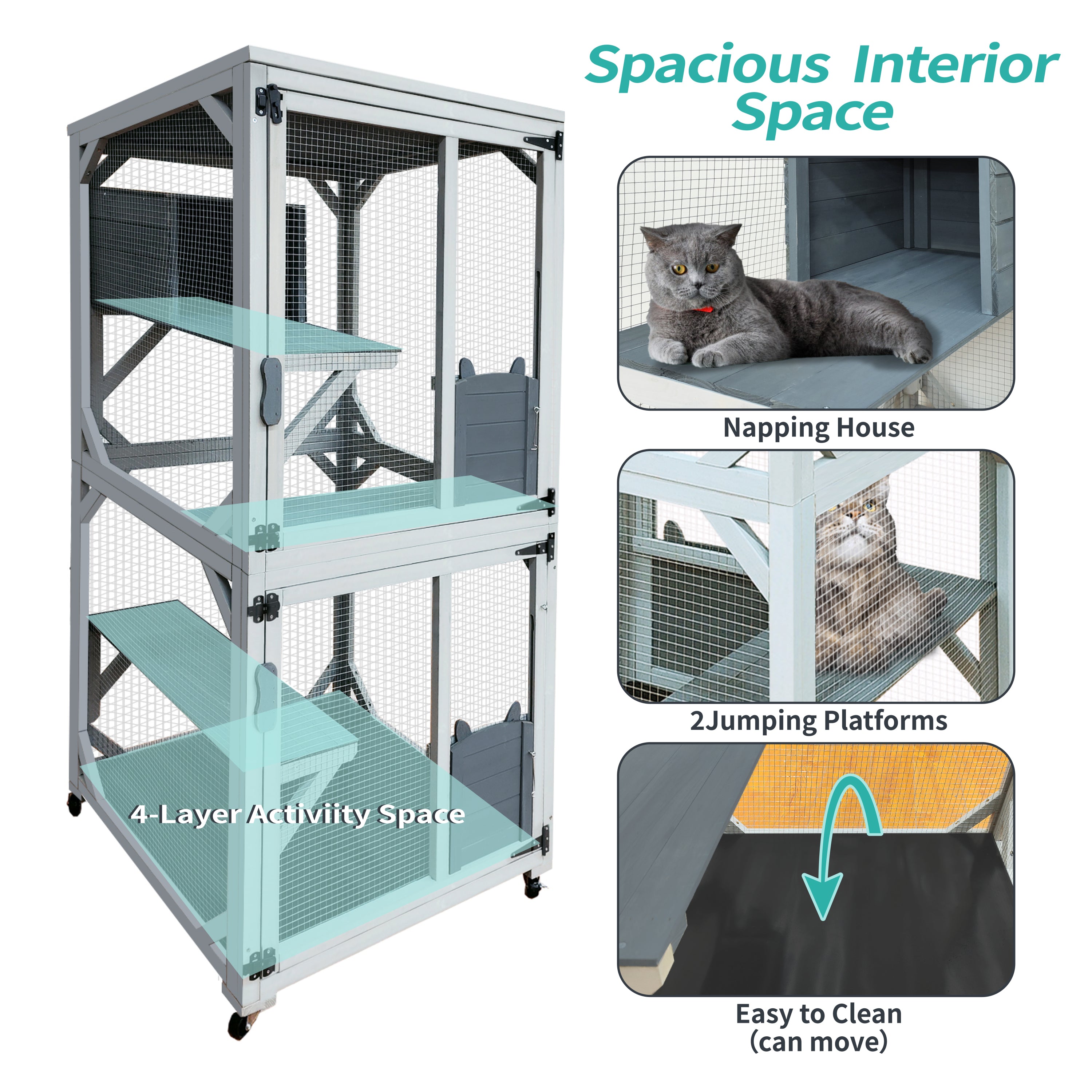 Wooden Catio Outdoor Cat Enclosure, 71 Inch Luxury Cat House on Wheels with Napping House, 4 Platforms & Weatherproof Asphalt Roof, Large Kitty Cat Condo Cage Shelter Playpen with Sliding Doors