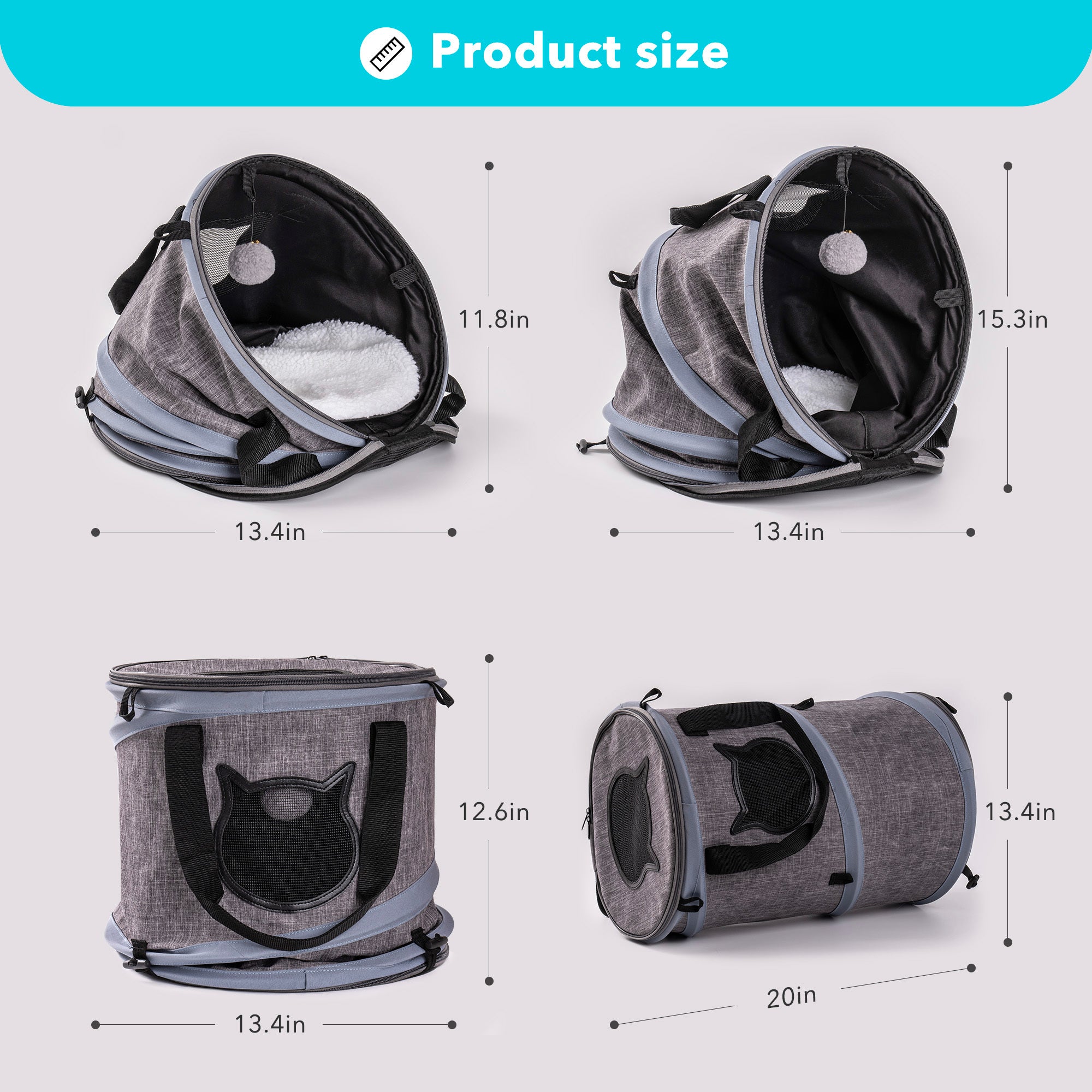 3 in 1 Cat Bed, Foldable Tunnel Pet Travel Carrier Bag Toy Cat Bed with Plush Balls for Indoor Cats Puppy