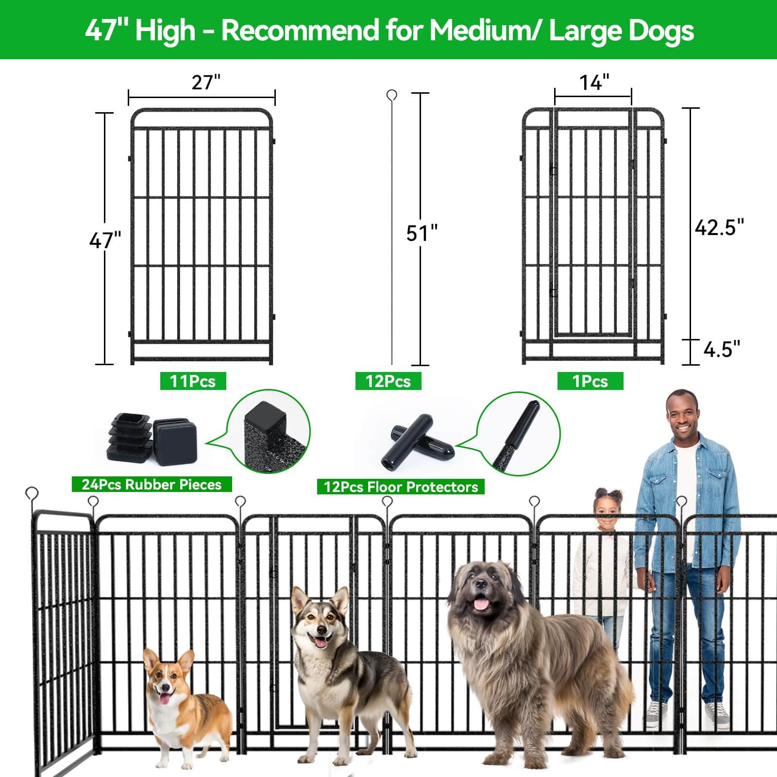 Dog Playpen Outdoor 12 Panels Heavy Duty Dog Fence 47" Height with Thick Pipe Anti-Rust with Doors Portable for RV Camping Yard, Total 27FT, 57 Sq.ft, Snowy Black  PS820-47 Dog Playpen