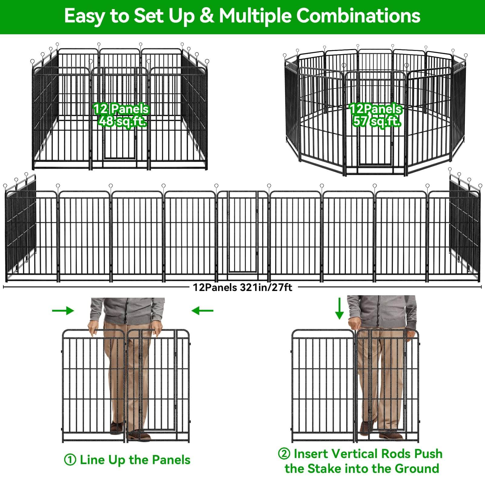 Dog Playpen Outdoor 12 Panels Heavy Duty Dog Fence 47" Height with Thick Pipe Anti-Rust with Doors Portable for RV Camping Yard, Total 27FT, 57 Sq.ft, Snowy Black  PS820-47 Dog Playpen