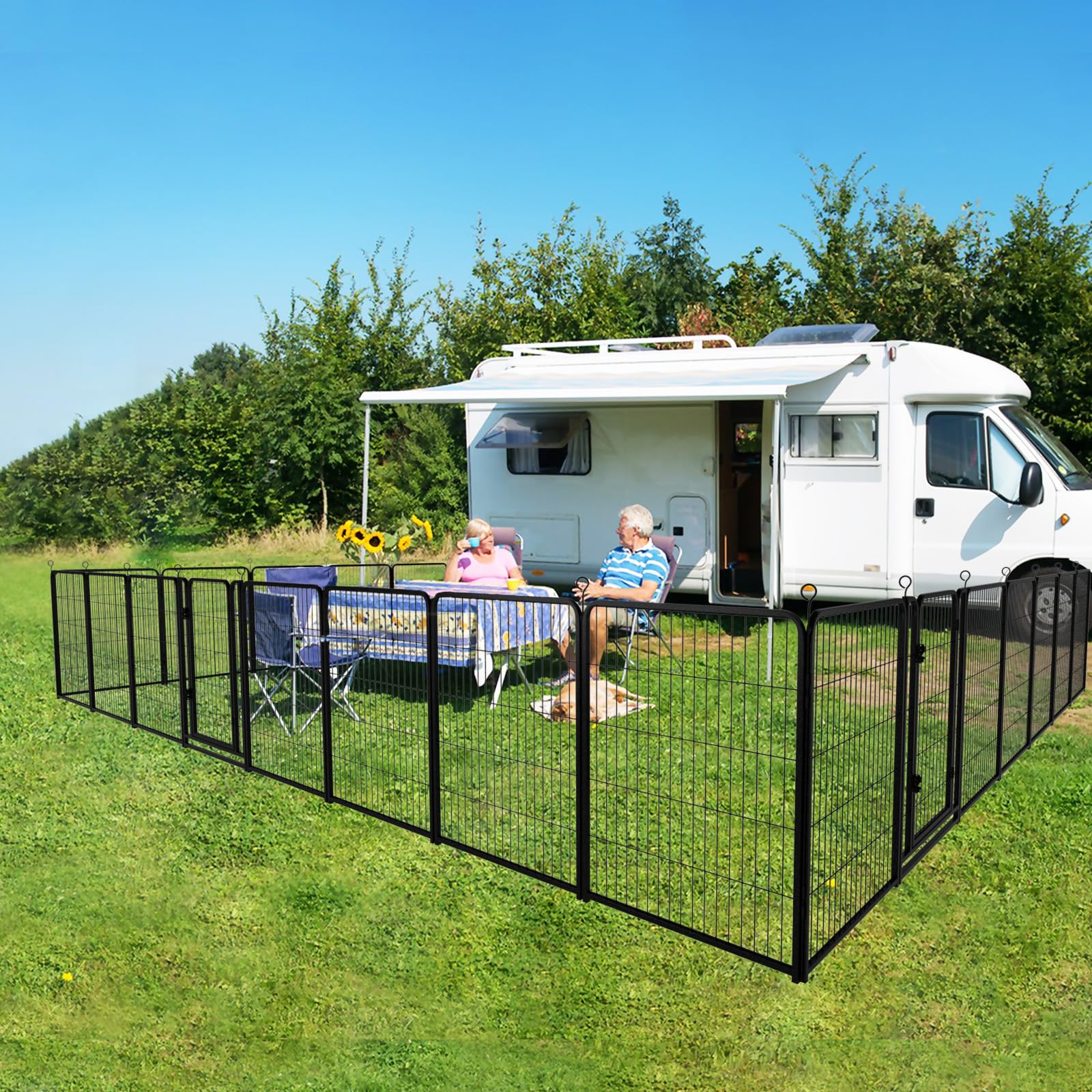 Kfvigoho Dog Playpen Outdoor Extra Wide 32 Piece Panels Heavy Duty Dog Fence 47" Height Anti-Rust with Doors Portable for RV Camping Yard, Total 84FT, 561 Sq.ft, Snowy Black Dog Playpen