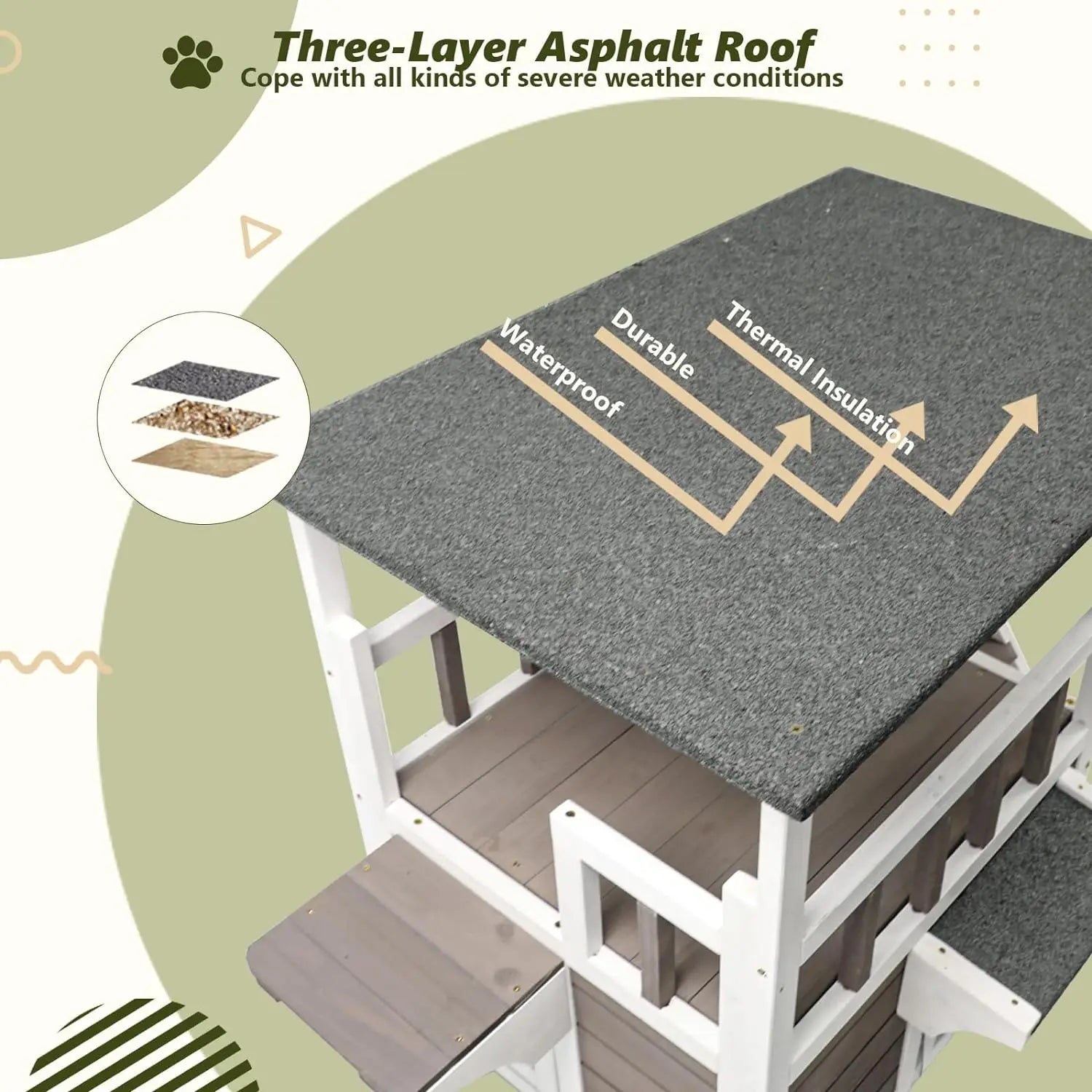 Outdoor Cat House Weatherproof - Two Story Wooden Cat Shelter Outside Feral Cat House with Climbing Ladder, Rain Curt GreyWhite / United States