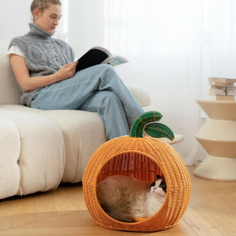 Rattan Cat and Dog Bed, Sustainable Cats Condo Cave Small Dog House, Comfy Kitten Bed Cute Pet Bed with Washable Nest Cushion 1 Bed