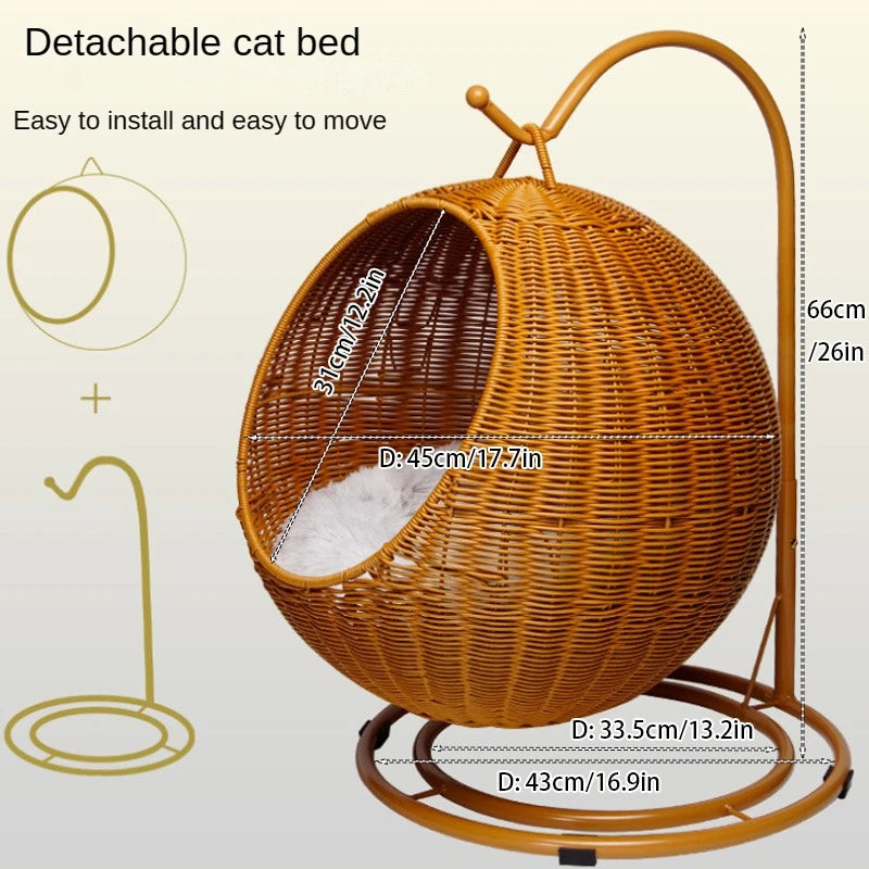 Hand-Woven Imitation Rattan Cat Bed, Comfy Cat Nest Basket, Hanging Basket Swinging Pet House, Cat Sleep Hammock with Plush Mat Brown 2 mat