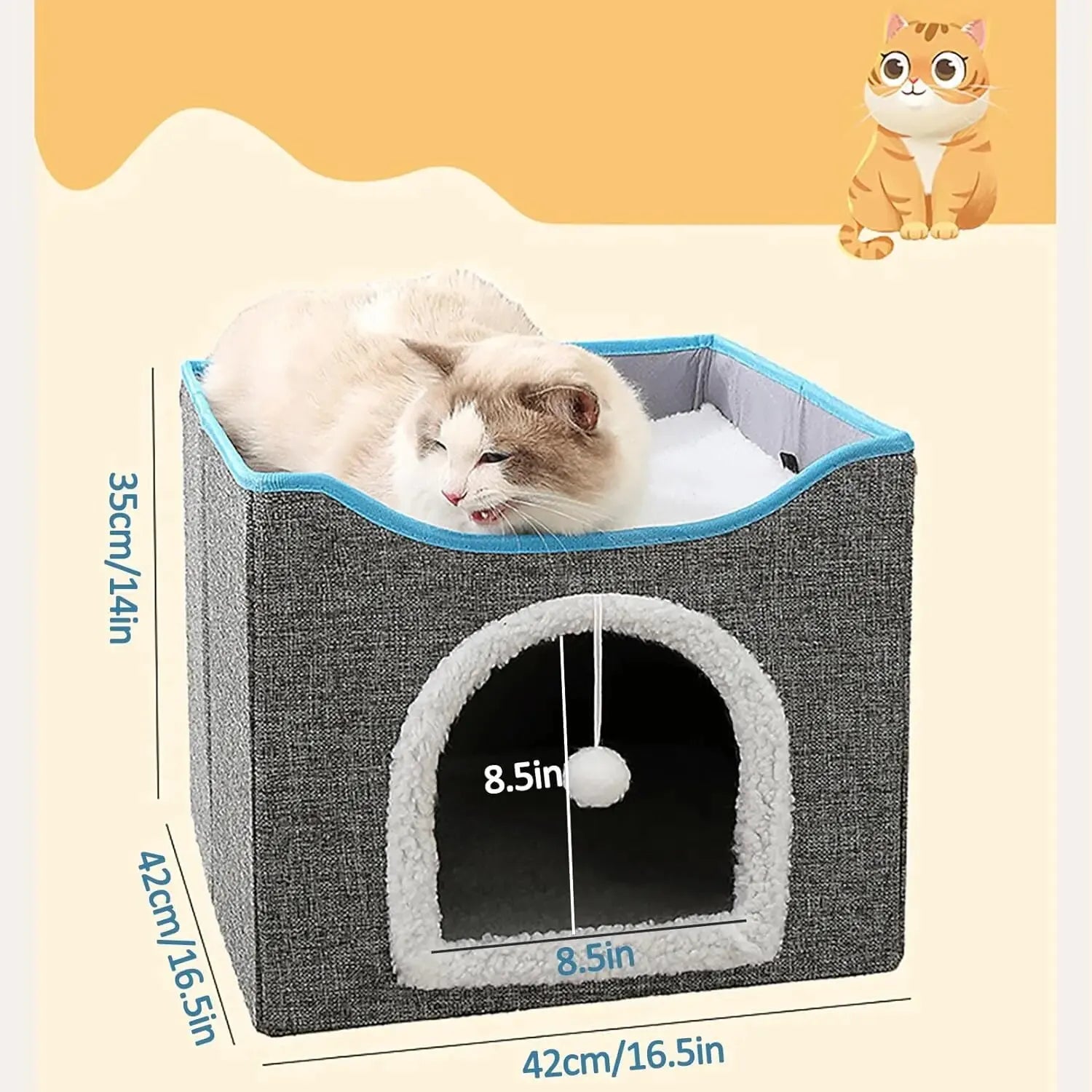 Large Cat Bed with Fluffy Ball Hanging and Scratch Pad Double Layered Foldable Cat Beds for Indoor Cats Sleeping All Seasons 42x42x35.5cm / Grey,42x42x35.5cm / Blue,42x42x35.5cm / Green