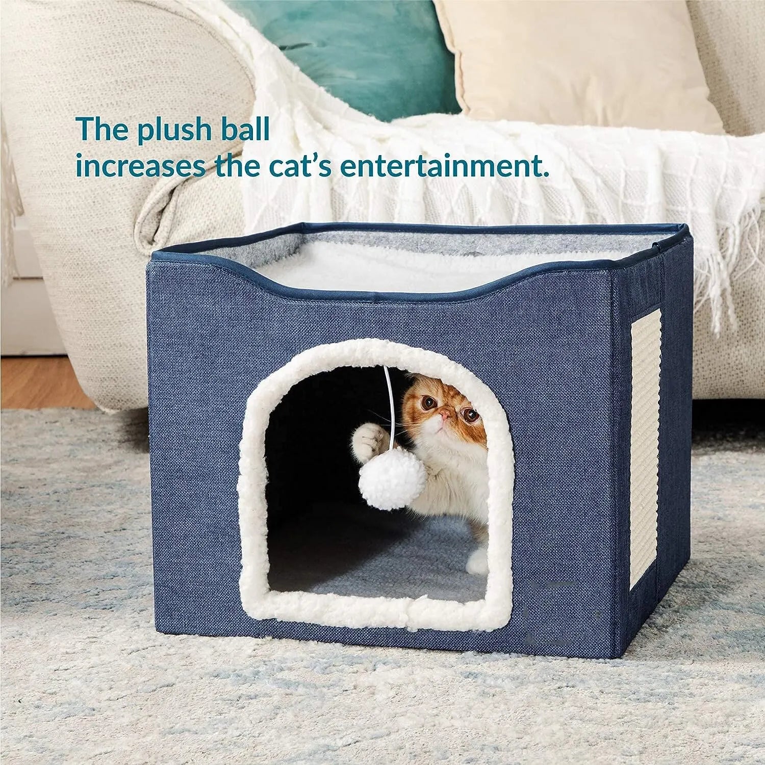 Large Cat Bed with Fluffy Ball Hanging and Scratch Pad Double Layered Foldable Cat Beds for Indoor Cats Sleeping All Seasons 42x42x35.5cm / Grey,42x42x35.5cm / Blue,42x42x35.5cm / Green