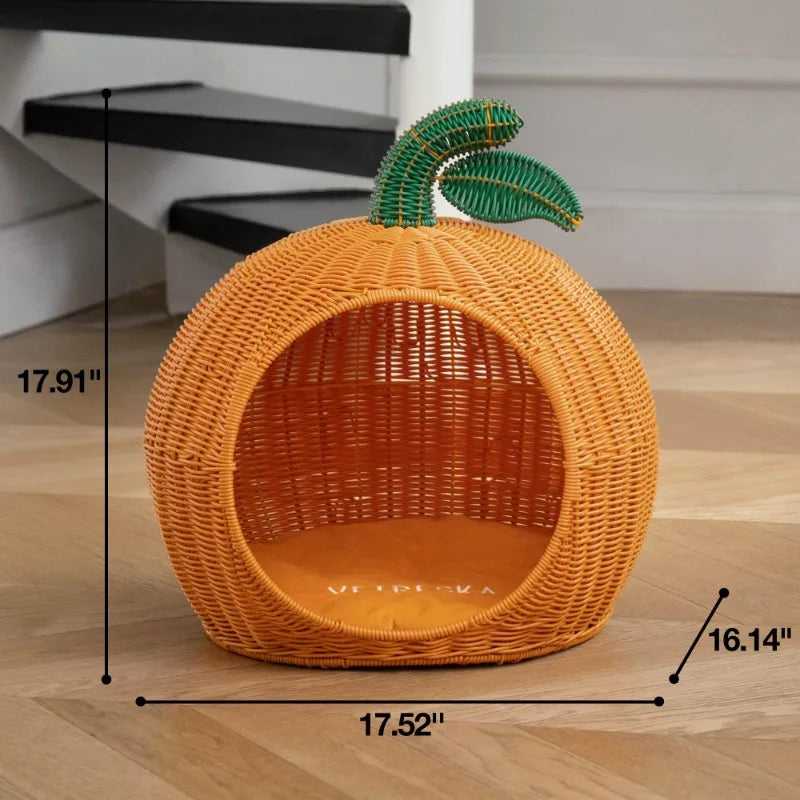 Rattan Cat and Dog Bed, Sustainable Cats Condo Cave Small Dog House, Comfy Kitten Bed Cute Pet Bed with Washable Nest Cushion 1 Bed