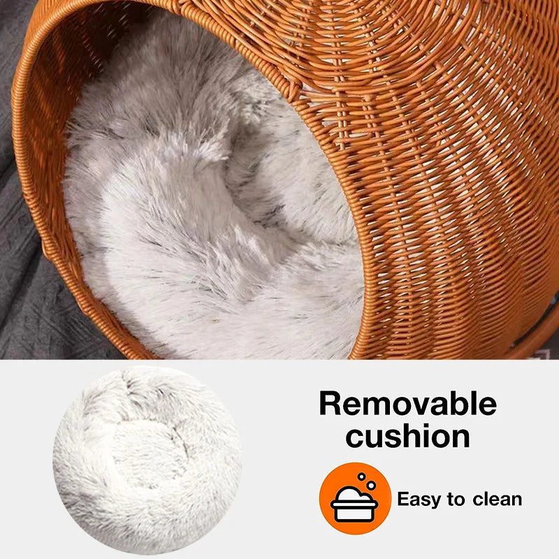 Hand-Woven Imitation Rattan Cat Bed, Comfy Cat Nest Basket, Hanging Basket Swinging Pet House, Cat Sleep Hammock with Plush Mat Brown 2 mat