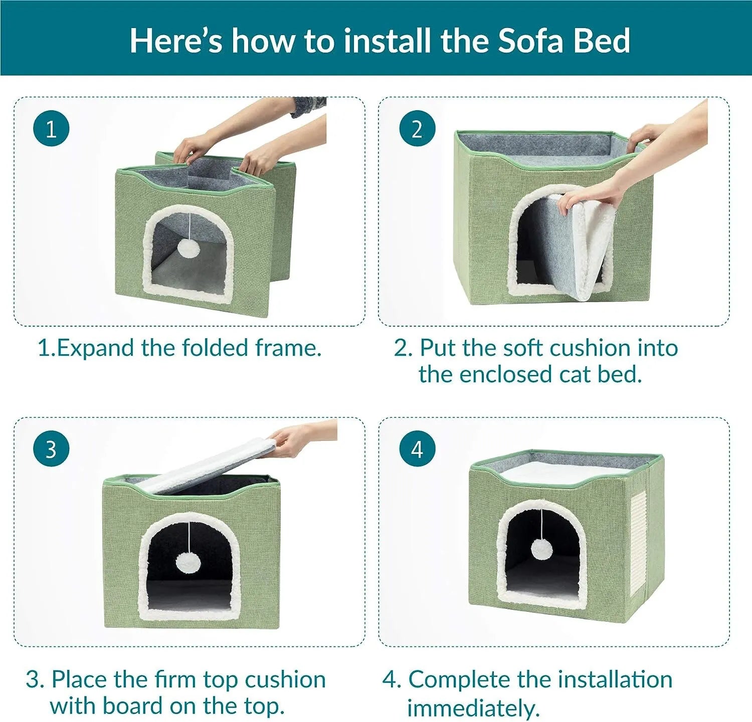 Large Cat Bed with Fluffy Ball Hanging and Scratch Pad Double Layered Foldable Cat Beds for Indoor Cats Sleeping All Seasons 42x42x35.5cm / Grey,42x42x35.5cm / Blue,42x42x35.5cm / Green