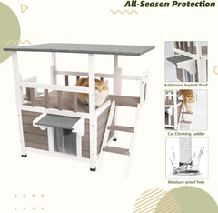 Outdoor Cat House Weatherproof - Two Story Wooden Cat Shelter Outside Feral Cat House with Climbing Ladder, Rain Curt GreyWhite / United States
