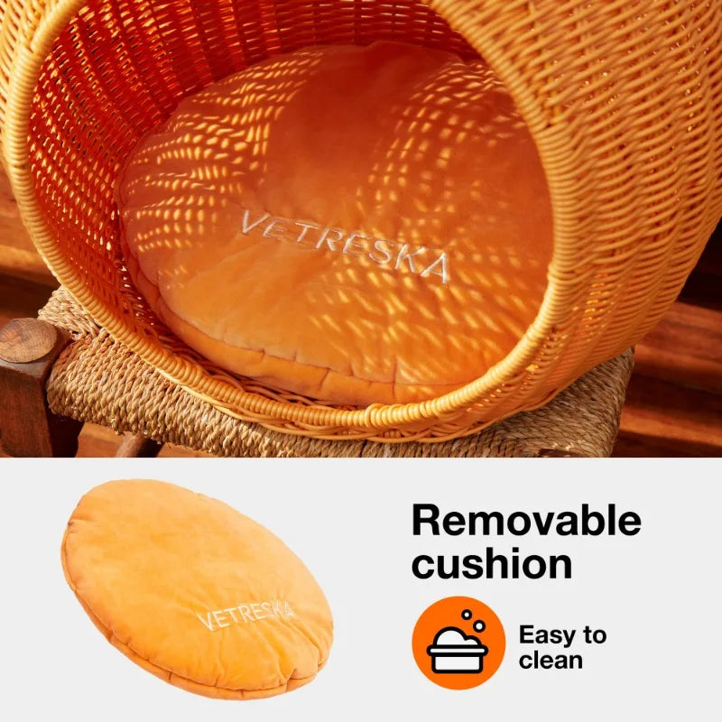 Rattan Cat and Dog Bed, Sustainable Cats Condo Cave Small Dog House, Comfy Kitten Bed Cute Pet Bed with Washable Nest Cushion 1 Bed
