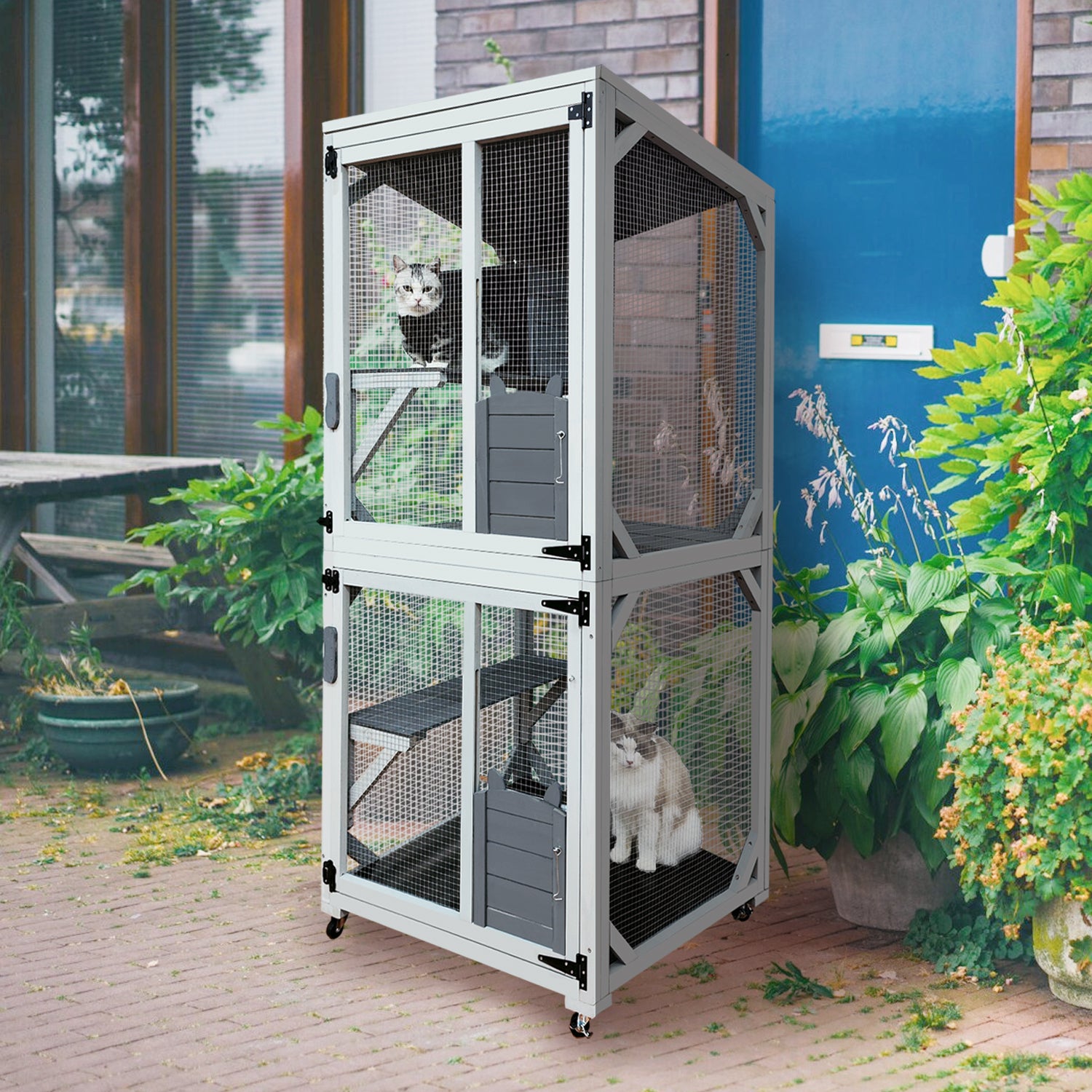 Wooden Catio Outdoor Cat Enclosure, 71 Inch Luxury Cat House on Wheels with Napping House, 4 Platforms & Weatherproof Asphalt Roof, Large Kitty Cat Condo Cage Shelter Playpen with Sliding Doors