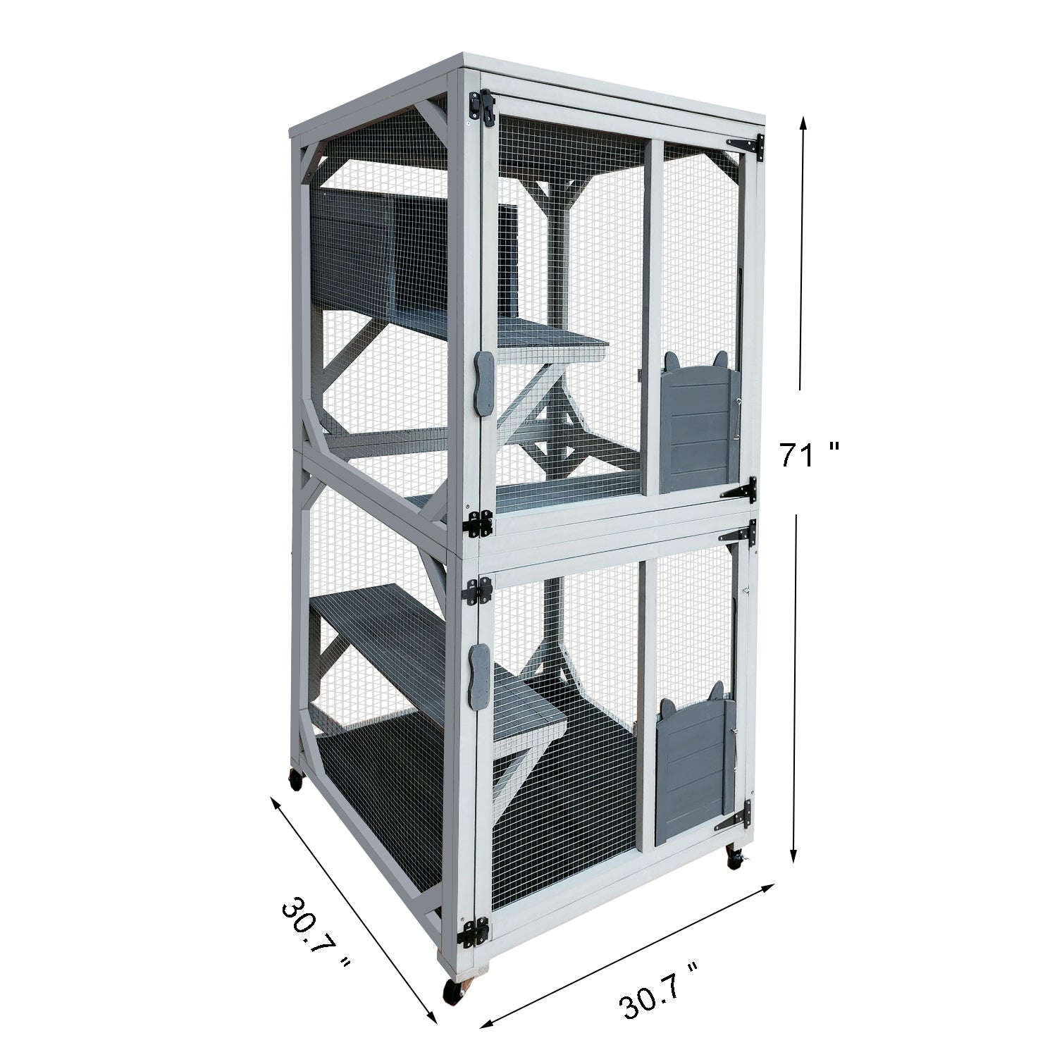 Wooden Catio Outdoor Cat Enclosure, 71 Inch Luxury Cat House on Wheels with Napping House, 4 Platforms & Weatherproof Asphalt Roof, Large Kitty Cat Condo Cage Shelter Playpen with Sliding Doors