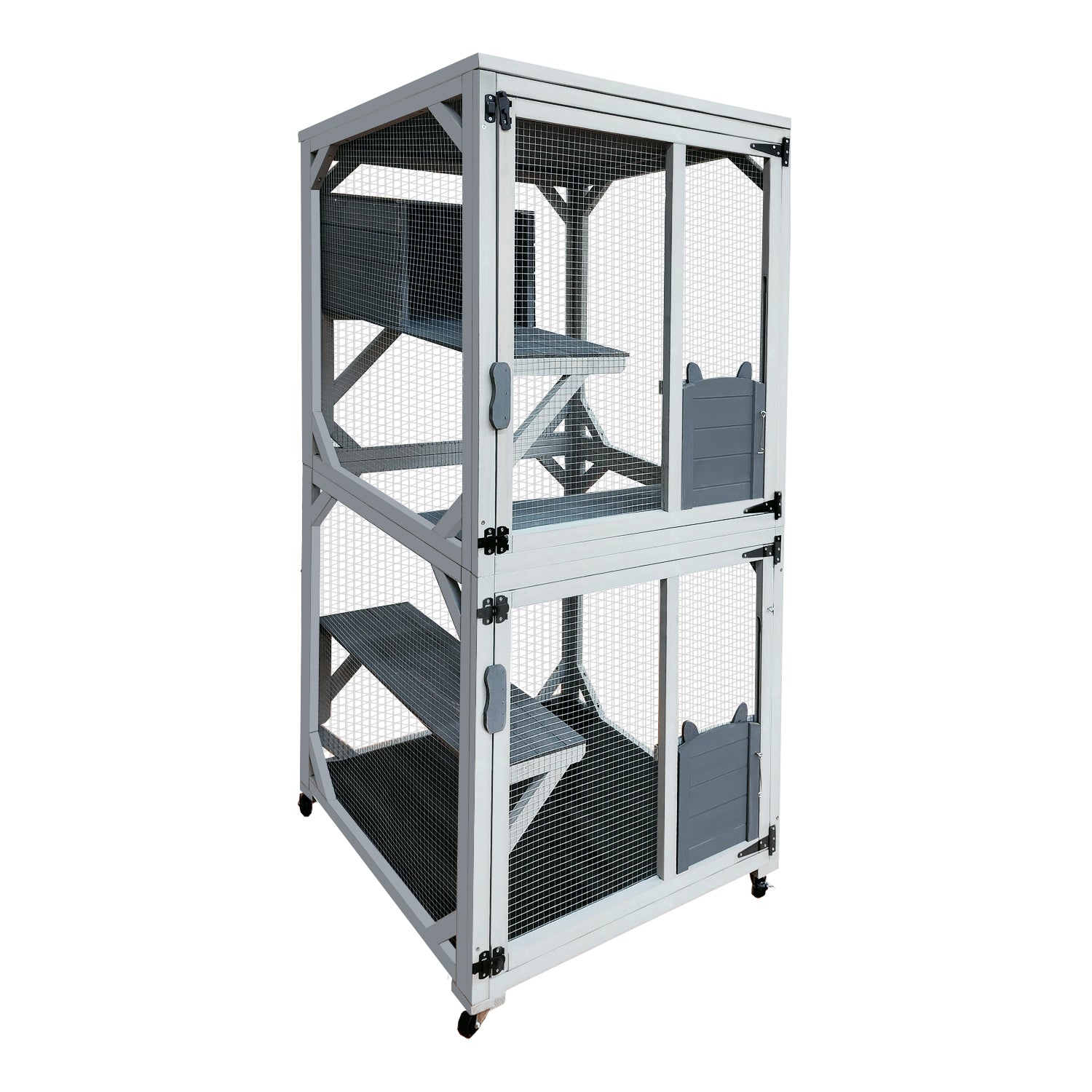 Wooden Catio Outdoor Cat Enclosure, 71 Inch Luxury Cat House on Wheels with Napping House, 4 Platforms & Weatherproof Asphalt Roof, Large Kitty Cat Condo Cage Shelter Playpen with Sliding Doors