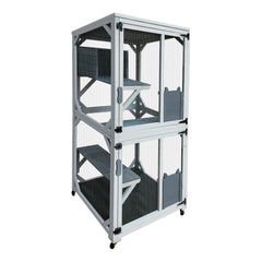 Wooden Catio Outdoor Cat Enclosure, 71 Inch Luxury Cat House on Wheels with Napping House, 4 Platforms & Weatherproof Asphalt Roof, Large Kitty Cat Condo Cage Shelter Playpen with Sliding Doors