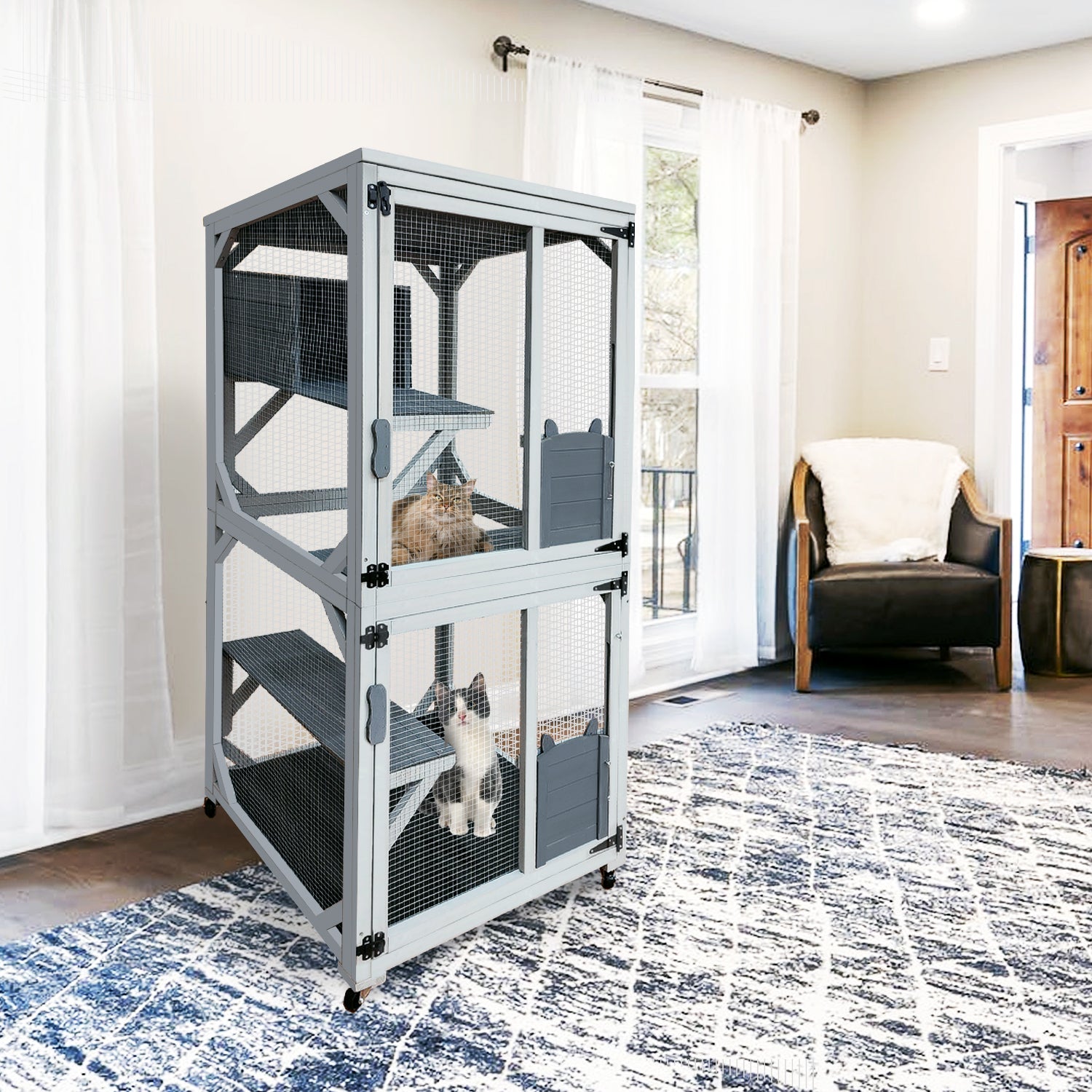 Wooden Catio Outdoor Cat Enclosure, 71 Inch Luxury Cat House on Wheels with Napping House, 4 Platforms & Weatherproof Asphalt Roof, Large Kitty Cat Condo Cage Shelter Playpen with Sliding Doors