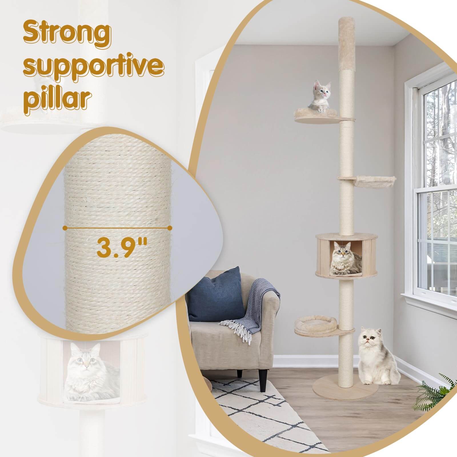 225-255cmH Floor-to-Ceiling Cat Tree for Indoor Cats w/ Condo Ramp