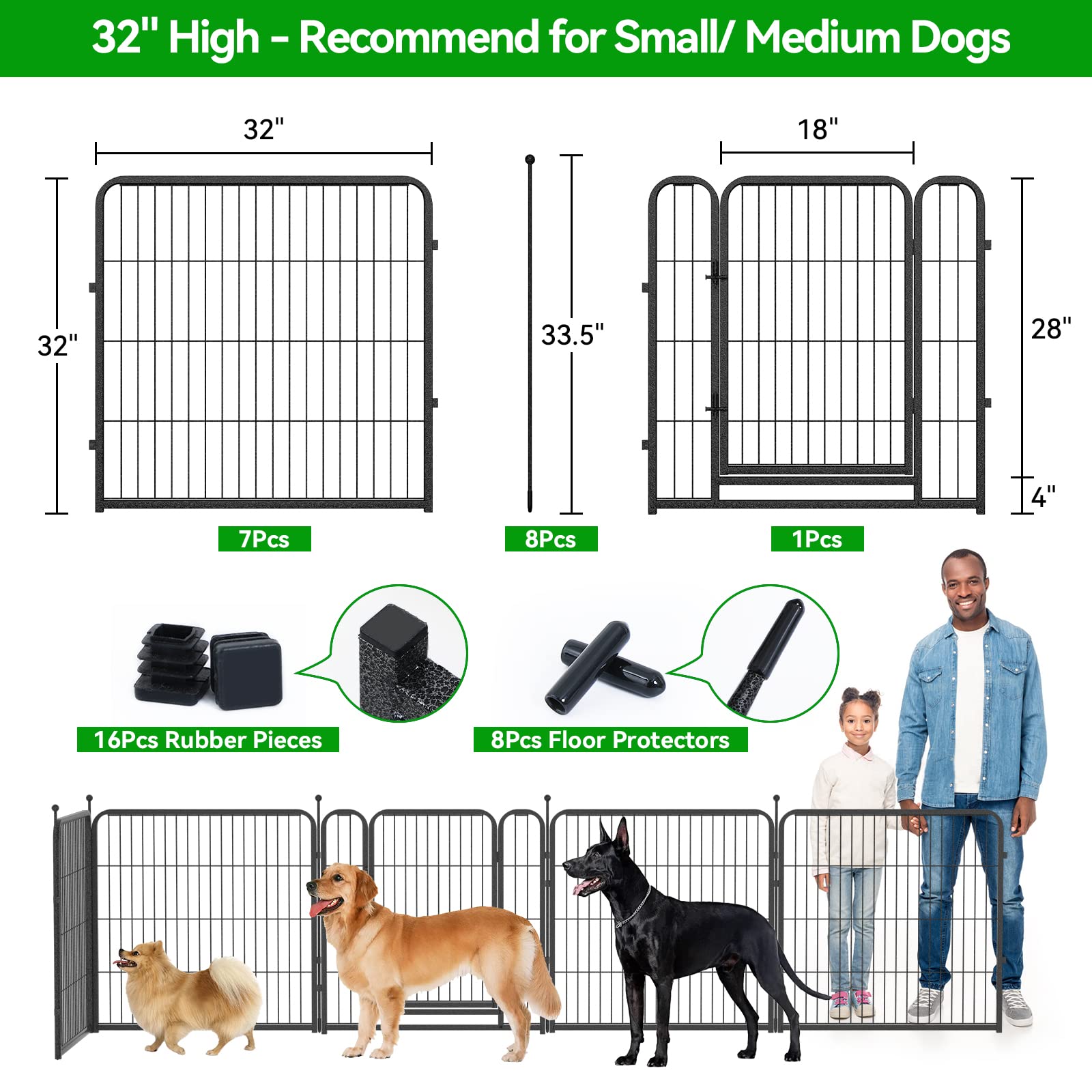 8 Panels Heavy Duty Dog Pen 24"-47" 32"W x 32"H