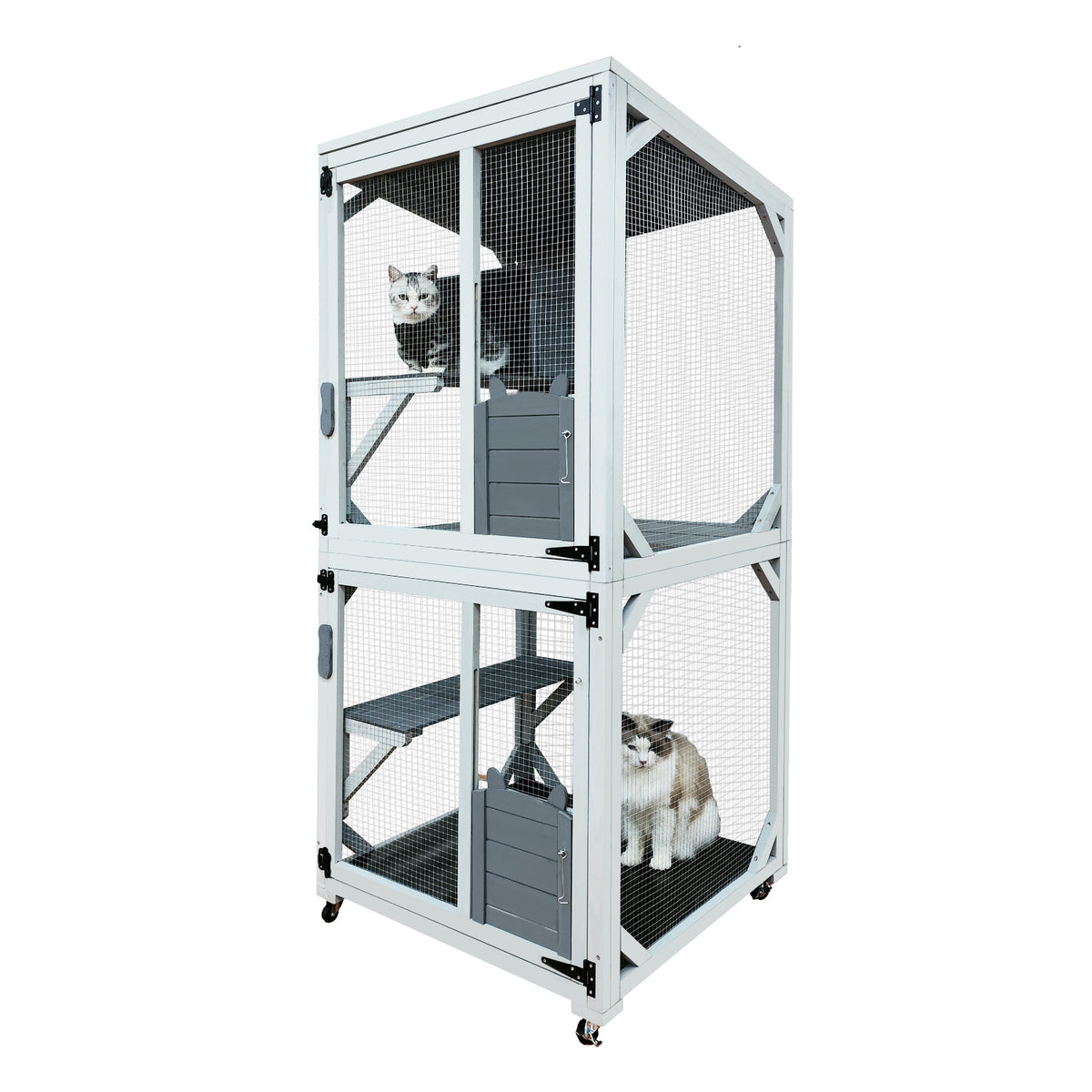 Wooden Catio Outdoor Cat Enclosure, 71 Inch Luxury Cat House on Wheels with Napping House, 4 Platforms & Weatherproof Asphalt Roof, Large Kitty Cat Condo Cage Shelter Playpen with Sliding Doors