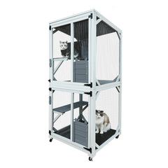 Wooden Catio Outdoor Cat Enclosure, 71 Inch Luxury Cat House on Wheels with Napping House, 4 Platforms & Weatherproof Asphalt Roof, Large Kitty Cat Condo Cage Shelter Playpen with Sliding Doors